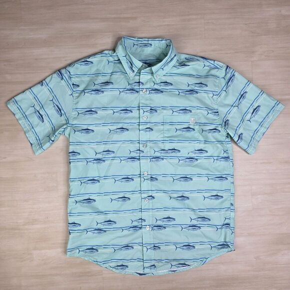 Huk Fish Print Vented Short Sleeve Button Down Shirt Green Size Small‎ - Picture 1 of 8